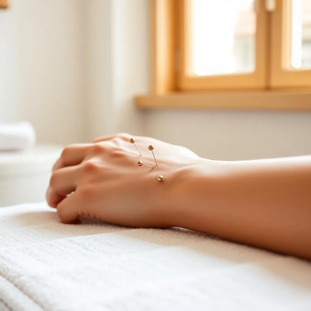 Detail of fine acupuncture needles placed along a forearm
