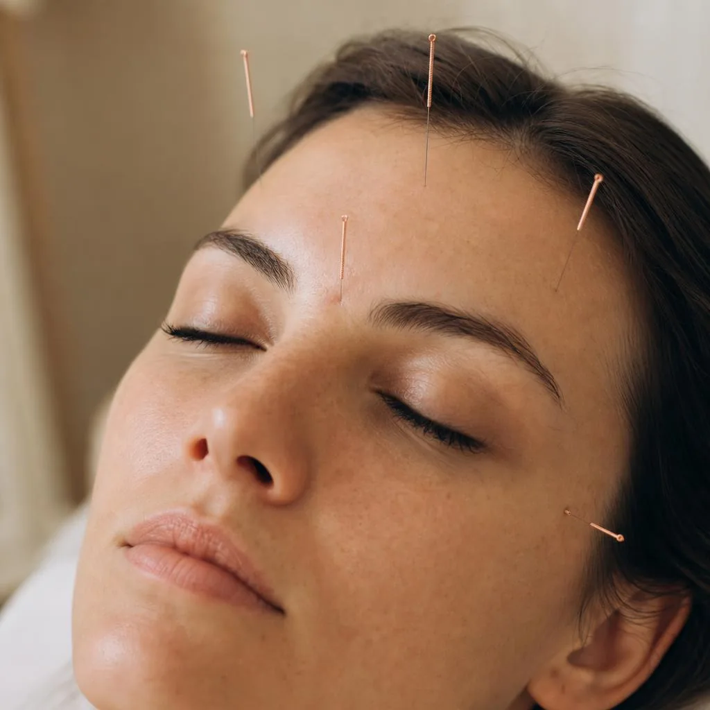 Close detail of ultra-fine acupuncture needles used for facial treatments