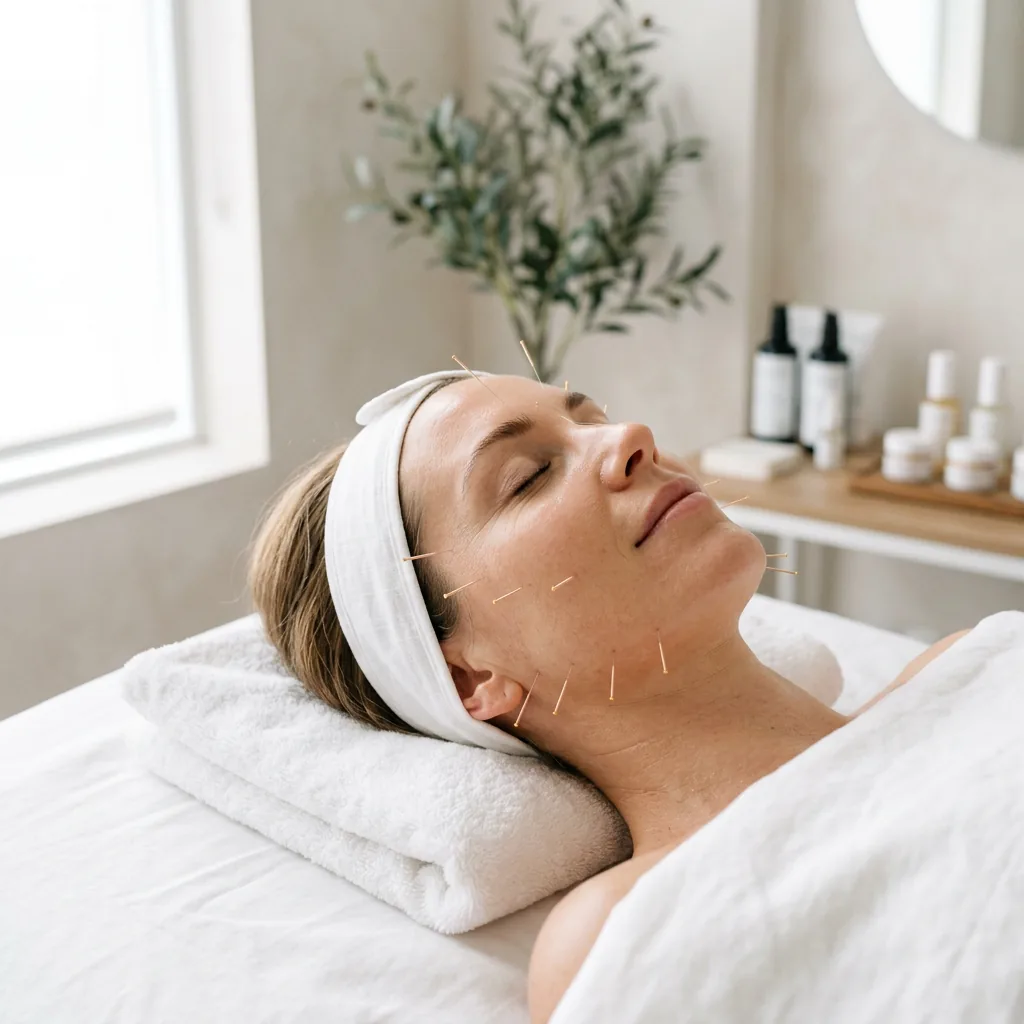 Fine facial acupuncture needles placed on a relaxed client's face