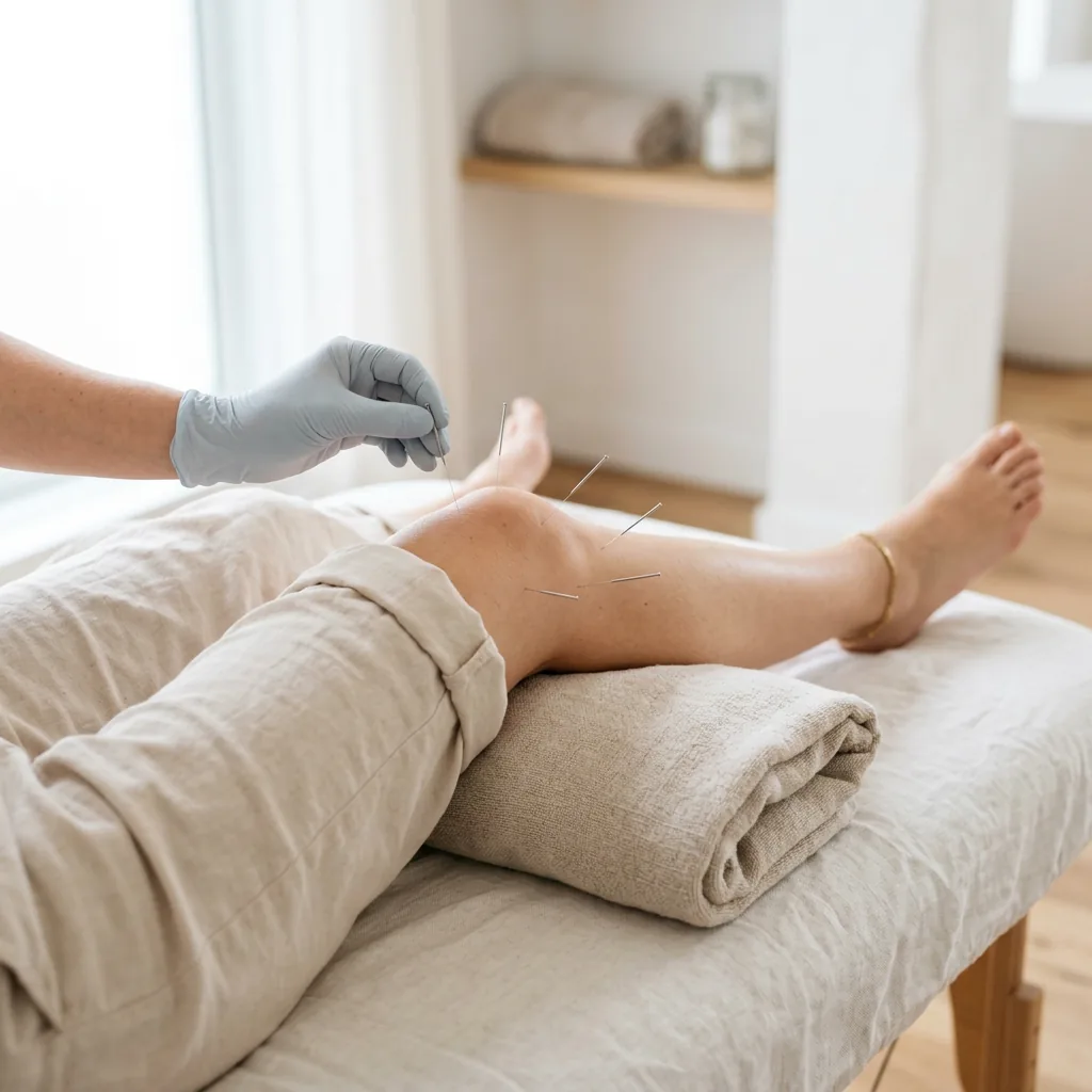 Acupuncture needles placed around a patient's knee during a sports recovery session