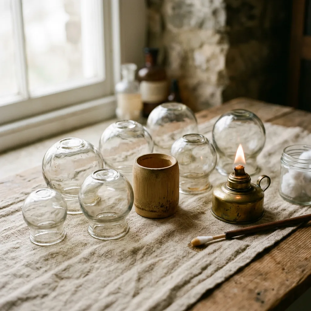 Set of glass fire-cupping cups arranged before a treatment