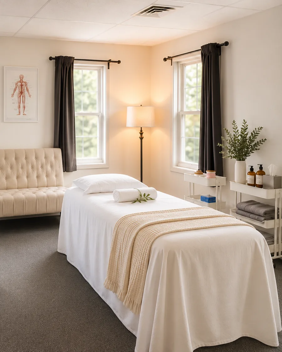 The treatment suite at Harmony Acupuncture & Wellness Spa in McLean — a made-up massage table with fresh linens and a folded towel, a tufted bench, warm lamplight and a supply cart