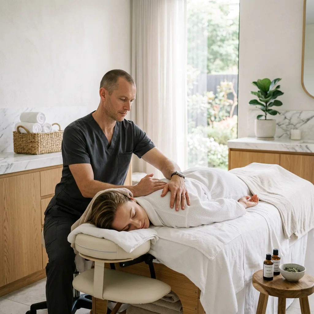 Massage therapist applying focused pressure to a patient's shoulder and elbow area