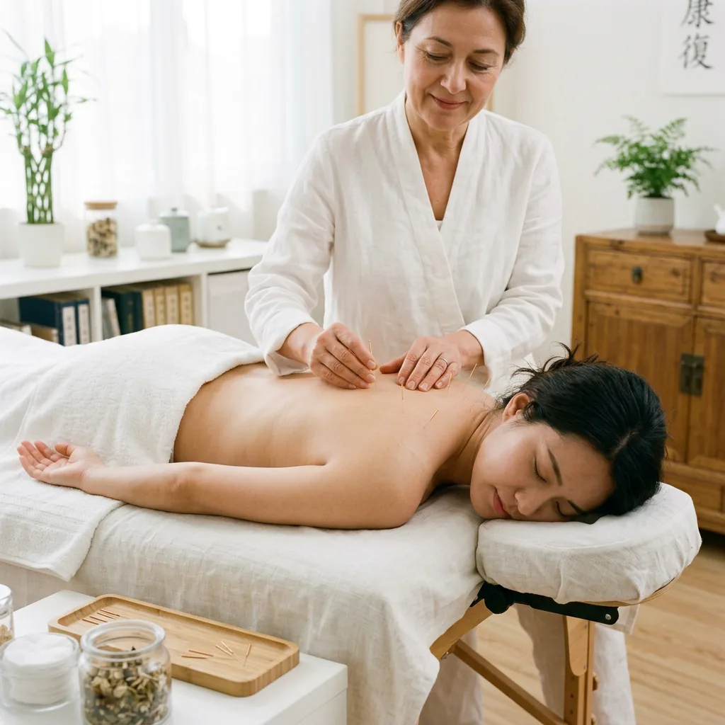 Fine acupuncture needles placed during a calm daylight treatment session