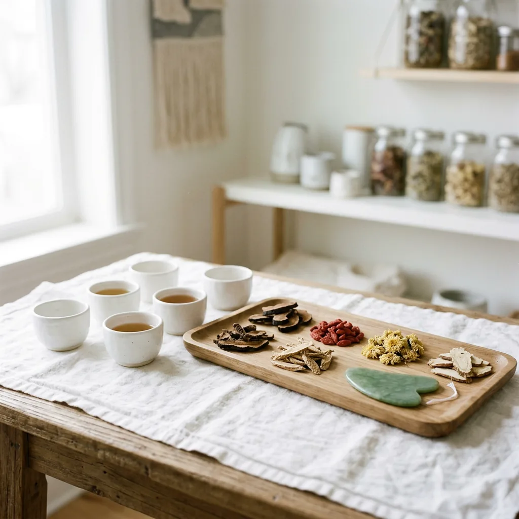 Gua sha tools and a warm cup of tea on a table in daylight